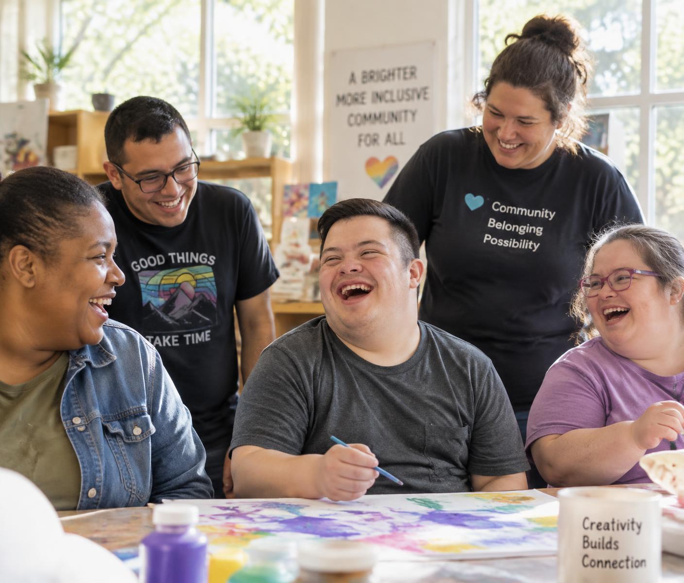 Participants and staff laughing together during an art activity at Destiny Changers Community